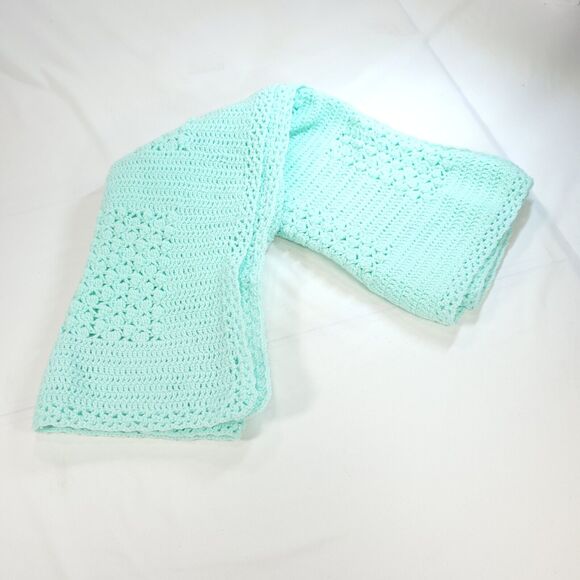 Vintage Handmade Afghan Blanket Geometric Square Crochet Knit 33x33 Green - Picture 3 of 6